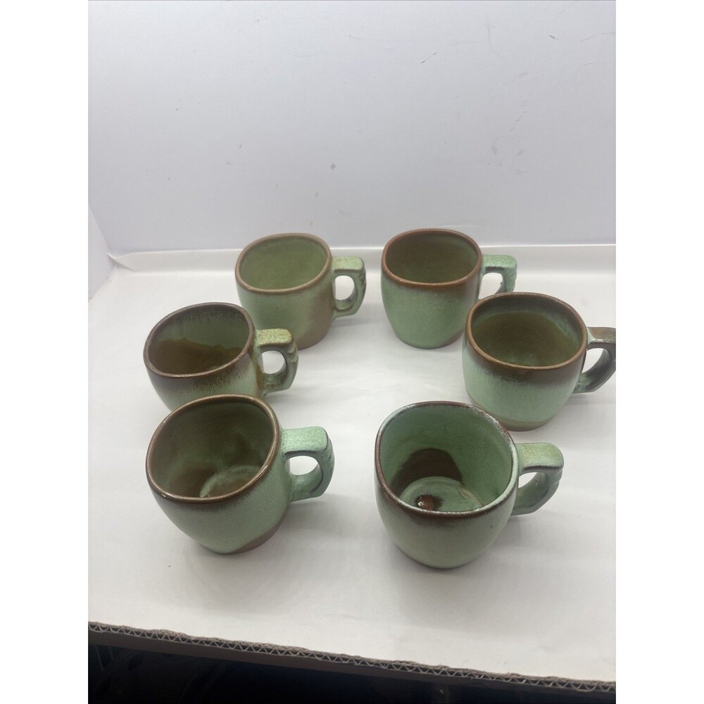 Frankoma Pottery 5C Prairie Green Plainsman Coffee Mug Set of 6 Cups Vintage